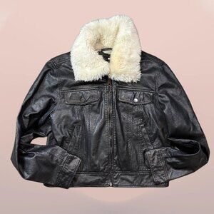Slate & Willow Black Genuine Leather Trucker Jacket Faux Collar Size Large